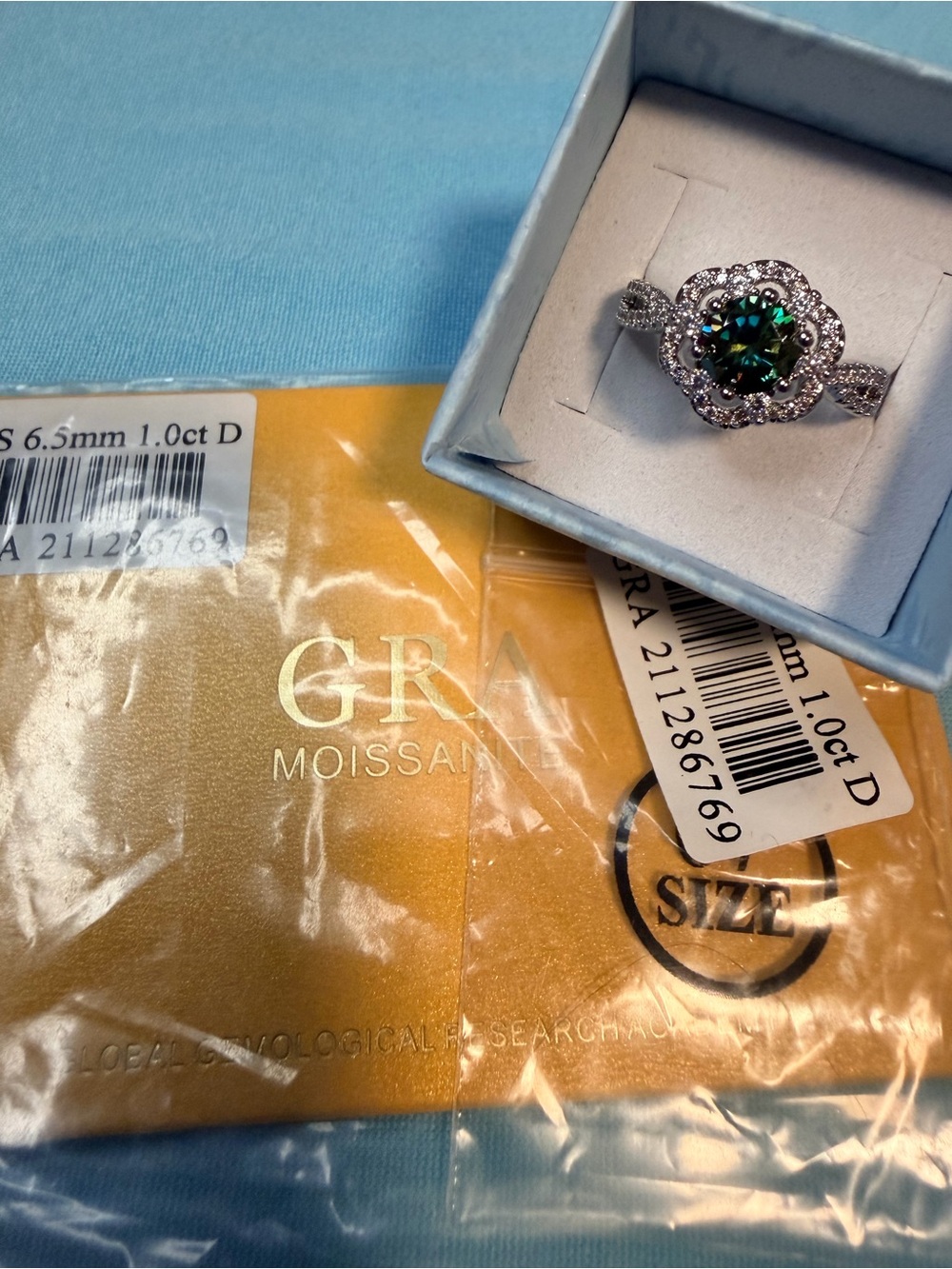 Green Moissanite Halo Flower Ring - Picture 4 of 5
